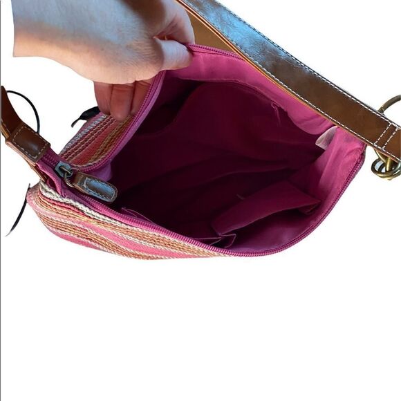 NWOT Braided shoulder bag with pink stripes and leather strap - Picture 3 of 5